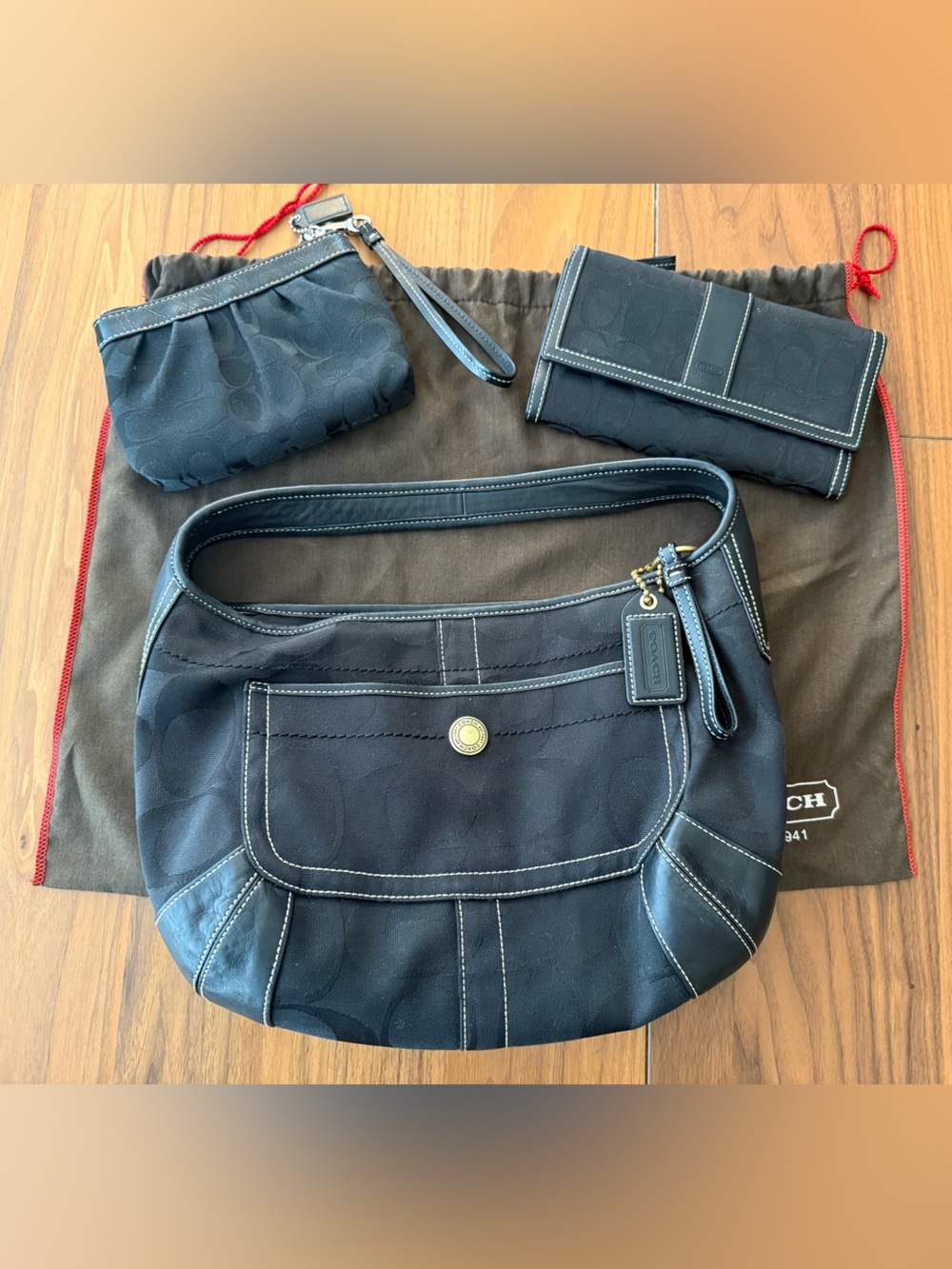 Coach Black Canvas & Leather Hobo Bag with Wristlet and Wallet Set
